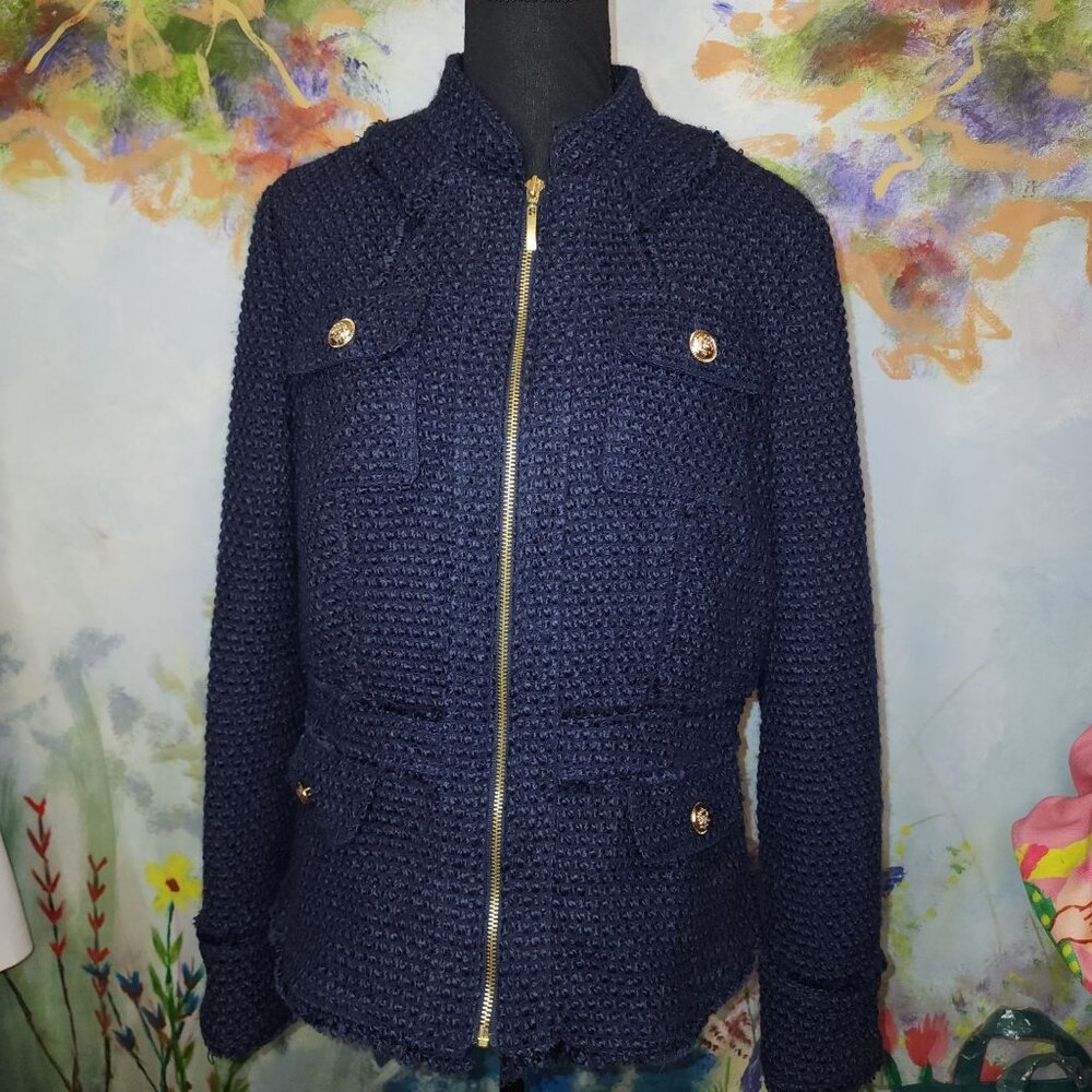 Navy Blue Textured Knit Jacket With Gold Buttons & Zipper Closure